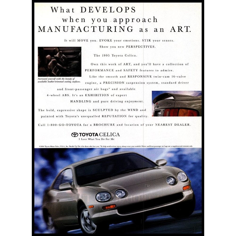 1995 Toyota Celica GT Vintage Print Ad Front End Cornering Sports Car Wall Art